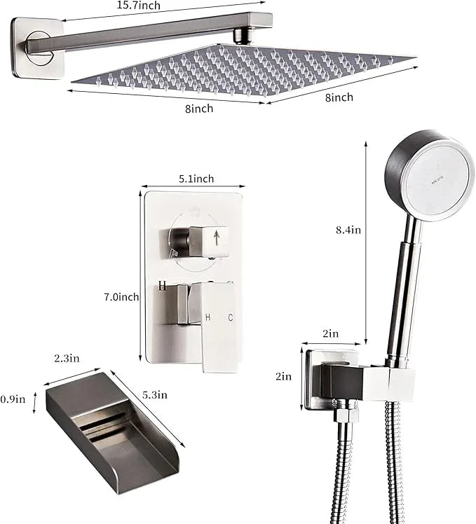 RTTWYYUU Brushed Nickel Shower Tub Faucet Set, Wall Mounted 8 Inch Shower Heads with Handheld Spray Combo and Tub Shower Faucet, Luxury Bathroom Square Rain Shower System - 4 Hooks - ModernBath