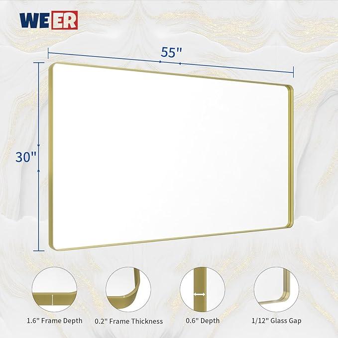 WEER Gold Bathroom Mirror, 55X30 Inch Brushed Gold Metal Frame Mirror, Rounded Rectangle Gold Bathroom Vanity Mirror for Wall, Tempered Glass, Anti-Rust, Hangs Horizontally or Vertically - ModernBath