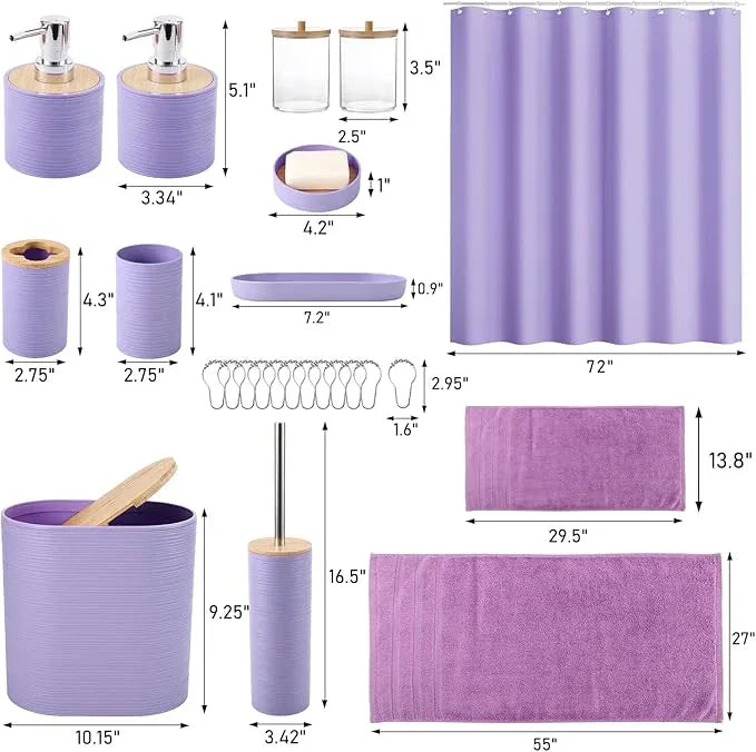 XLHOMO Purple Bathroom Set, Purple Bathroom Accessories Set with Shower Curtain, Bath Towel Set, Trash Can, 2PCS Soap Dispensers, Soap Dish, Toothbrush Holder and Cup,Toilet Brush for Bathroom Decor - ModernBath