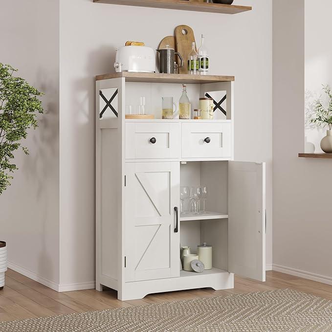 Farmhouse Storage Cabinet with Barn Doors and Shelves, Farmhouse Kitchen Pantry, Small Tall Coffee Bar Cabinet with Storage, Hutch Cupboard for Bathroom, Laundry, Living Room,White - ModernBath