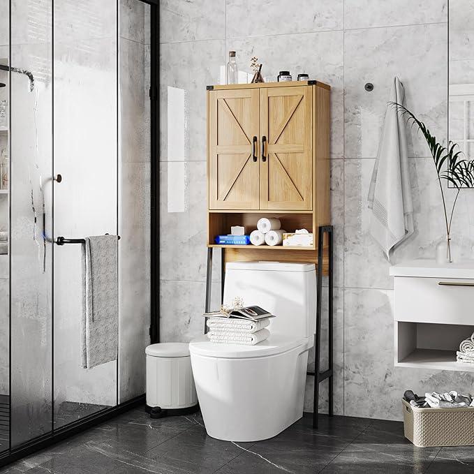 Over The Toilet Storage Cabinet with 2-Door Design Bathroom Organizers and Storage with Anti-Tip Device Over Toilet Organizer with Shelves for Bathroom,Restroom,Laundry Natural - ModernBath