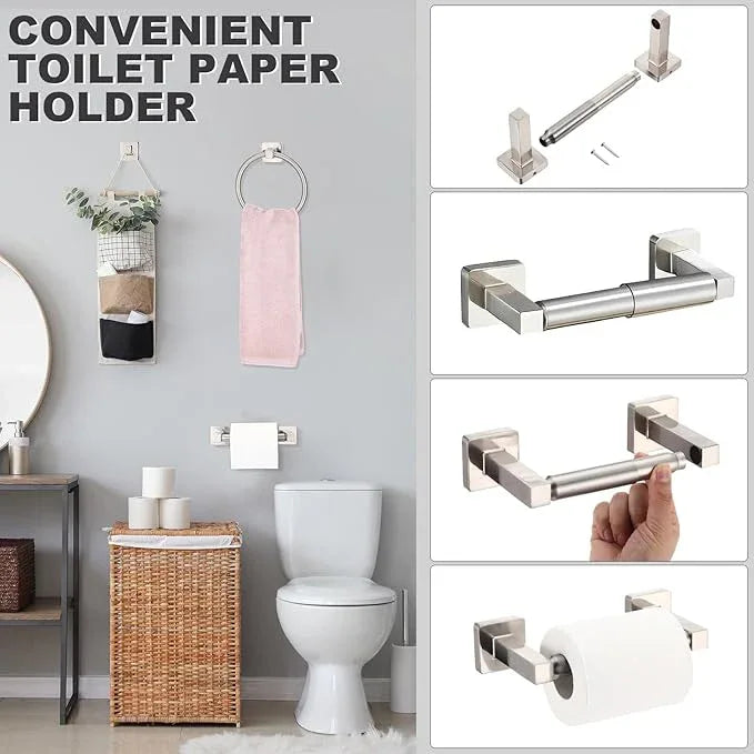 Gisafai 15 Pcs Bathroom Hardware Set, Towel Bar Set Stainless Steel Bathroom Accessories 23.6/16 Inches Towel Bar Ring Robe Hooks Toilet Paper Holder Wall Mounted (Silver) - ModernBath