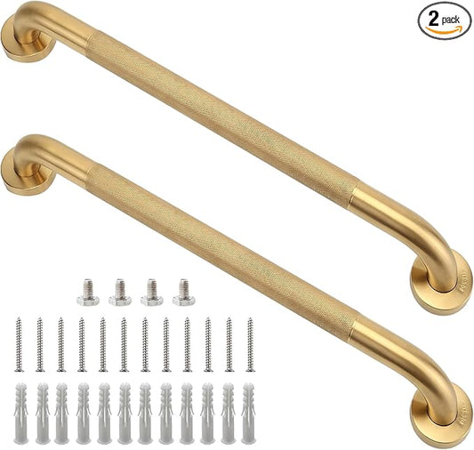 Rackickyer Shower Grab Bar, 2 Pack 24 Inch Gold Bathroom Grab Bar, 1.25" Diameter 304 Stainless Steel Anti-Slip Grab Bars for Bathtubs and Showers, Handicap Shower Grab Bar for Seniors Elderly