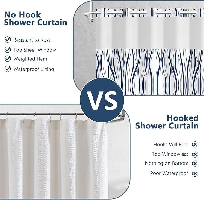 Abstract Blue Striped Shower Curtains for Bathroom, Waterproof Double Layers Fabric Printed No Hook Shower Curtain and Liner Set, Modern Geometric Hotel Luxury Decor Bathroom Curtain, 71x74 Inch - ModernBath