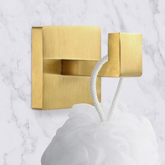 IBosins 2-Pack Towel Hooks Hand Towel Holder for Bathroom Wall Livingroom Bedroom Kitchen Closet Heavy Duty Stainless Steel Hook Hanger for Robe, Bath Towel, Coat (Square Brushed Gold) - ModernBath