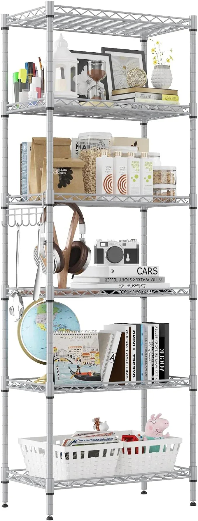 Homdox 6-Tier Storage Shelf Wire Shelving Unit Free Standing Rack Organization with Adjustable Leveling Feet, Stainless Side Hooks, Silver - ModernBath