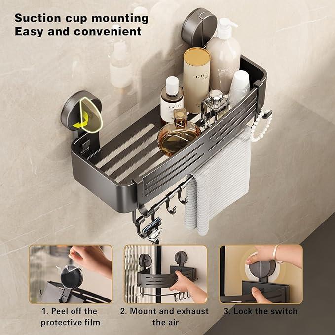 VOLPONE Shower Caddy Suction Cup No Drilling Suction Cup Shower Shelf Heavy Duty Bathroom Shower Organizer Storage Rack Adhesive with Towel Bar Hooks (3-Pack, Matte Gray) - ModernBath