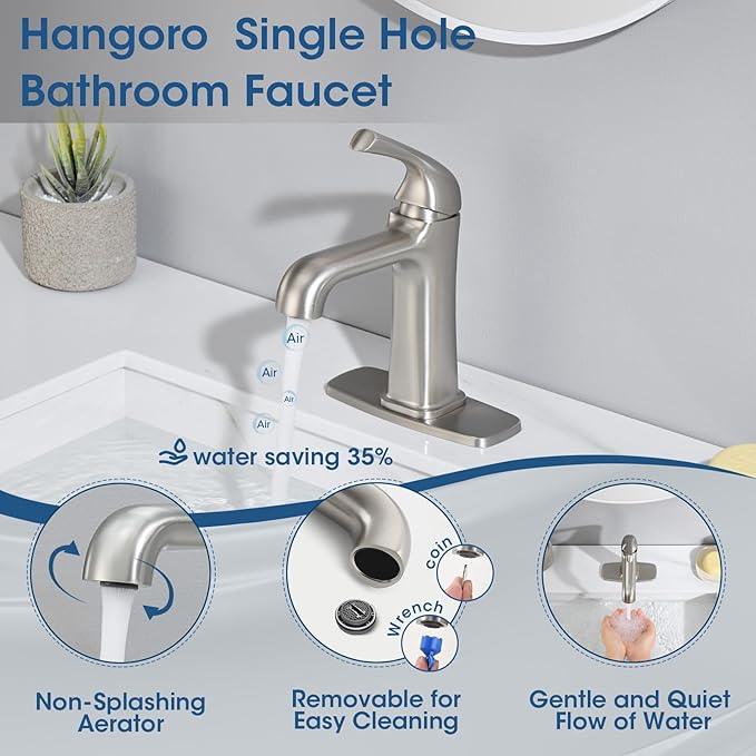 Brushed Nickel Bathroom Faucet, Brass Single Hole Bathroom Faucets for 1 or 3 Holes, Vanity Faucet with Supply Lines and Deck Plate, Pop Up Drain - ModernBath