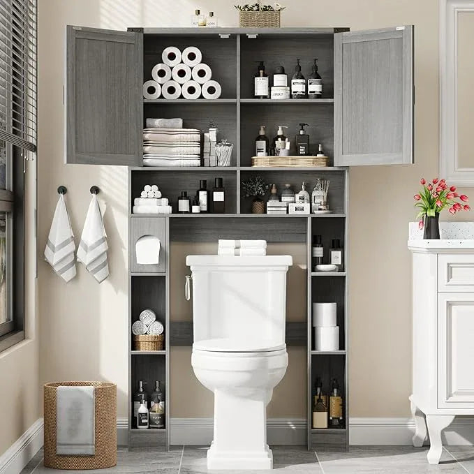 Vabches Over The Toilet Storage Cabinet, Farmhouse Storage Cabinet Over Toilet with 2 Barn Doors ，Toilet Paper Holder Stand，Home Space-Saving Toilet Rack, for Laundry, Restroom, Bathroom.Grey. - ModernBath