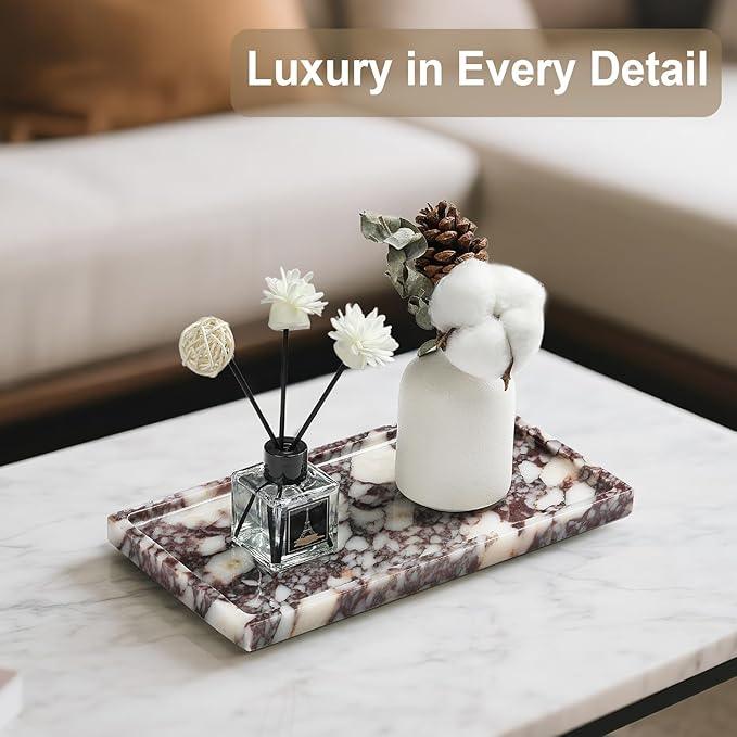 Natural Marble Vanity Tray - Moujings Genuine Marble Perfume Tray for Bathroom Decor, Stone Bathroom Vanity Organizer Tray for Kitchen Counter, Candles, Jewelry, Coffee, Makeup, Key - ModernBath