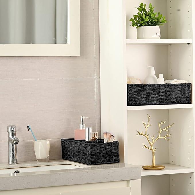 Vagusicc 3 Section Wicker Storage Basket, Hand-Woven Paper Rope Wicker Baskets for Organizing, Toilet Tank Basket, Black Baskets for Bathroom, 2-Pack, Black - ModernBath