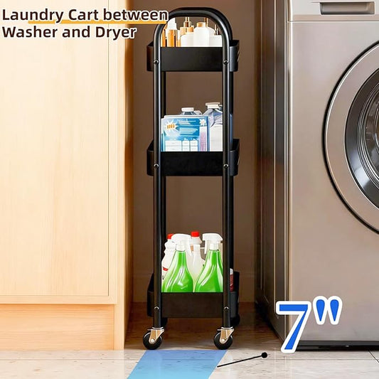 3 Tier Slim Metal Rolling Storage Cart for Laundry Room & Kitchen Organizer, 7.1'' Thin Standing Shelf for Narrow Spaces, Utility Cart with Wheels & Lockable Casters for Bathroom, Black
