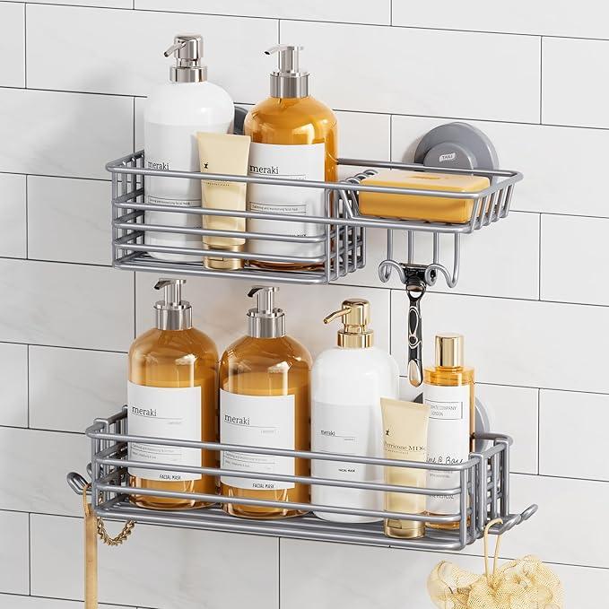 TAILI Shower Caddy Suction Cup 2 Pack with Hooks & Soap holder, Heavy Duty Shower Organizer for Bathroom, No Drilling Bathroom Organizer with Large Capacity, Metal Storage Basket-Grey - ModernBath