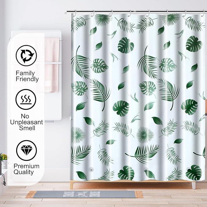TIKABC Shower Curtain Liner, 4G PEVA Shower Liner, Plastic Waterproof Shower Curtains, with Grommet Holes and 3 Magnetic Weights(Green Leaf) - ModernBath