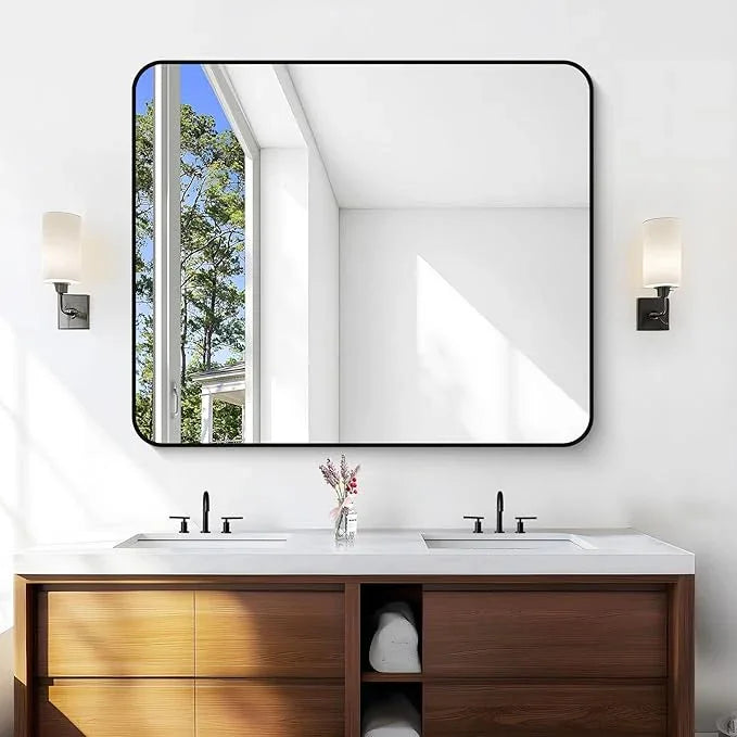CIVENO Bathroom Mirror, 48 x 40 inch Black Rectangle Wall Mirror, Metal Frame Rectangular Vanity Mirror, Rounded Corner Wall Mounted Mirror for Modern Bedroom Living Room Hangs Horizontal/Vertical - ModernBath