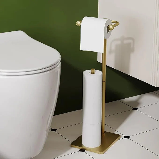 RUACQ Toilet Paper Holder Stand, Bathroom Toilet Paper roll Holder Free Standing with Storage for 4 Rolls, Post Pivoting Design, Stable Weighted Base, SUS304 Stainless Steel (Brushed Gold) - ModernBath