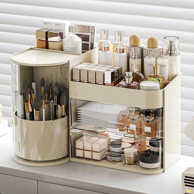 Makeup Organizer with Rotating Brush Holder Cosmetic Organizer with Drawers Countertop Skincare Organizer for Vanity,Cosmetic Display Case Storage (Cream, Large) - ModernBath