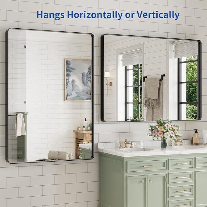 WEER Black Bathroom Mirror for Wall, 48X40 Inch Matte Black Mirror, Rectangular Black Metal Framed Vanity Mirror with Tempered Glass, Rounded Corner, Anti-Rust (Horizontal/Vertical) - ModernBath