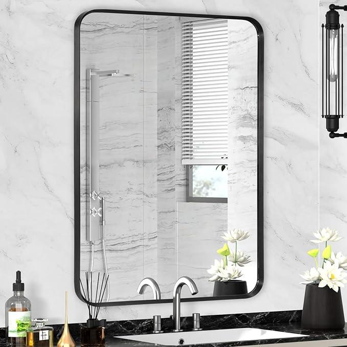 Minuover Wall Mount Mirror for Bathroom, Brushed Black Metal Framed Rounded Corner Rectangular Vanity Mirror, Tempered Glass, Anti-Rust, Hangs Horizontally or Vertically (22" x 30", Black) - ModernBath