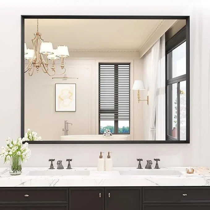 JISOSO Bathroom Vanity Mirror 48x36 Inch, Matte Black Rectangle Bathroom Mirror, Anti-Rust, 4MM Tempered Glass, Wall-Mounted Mirror, Hangs Horizontally or Vertically for Bathroom & Bedroom - ModernBath