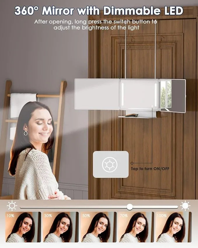 Dripex 3 Way Mirror with Storage Shelf and 3 Color LED Lights, Rechargeable Trifold Self Haircut 360° Mirror with Height Adjustable Hooks, for Makeup, Styling, Shaving, Braiding, Dye Hair (White) - ModernBath