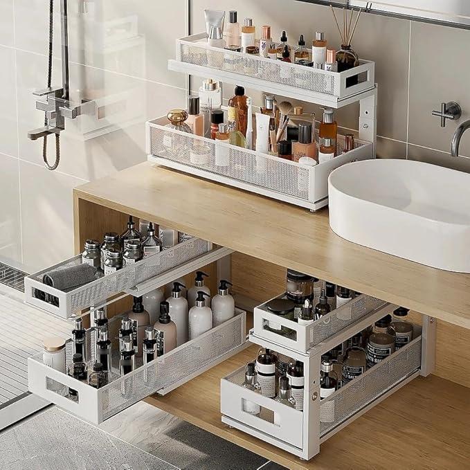 2 Pack 21.3IN-Depth Under Sink Organizer With Next-Gen Ball-Bearing Slides,2-Tier Pull Out Cabinet Storage,Height Adjustable Drawer Shelf for Bathroom,Kitchen,Laundry,Cabinet,Pantry-White - ModernBath