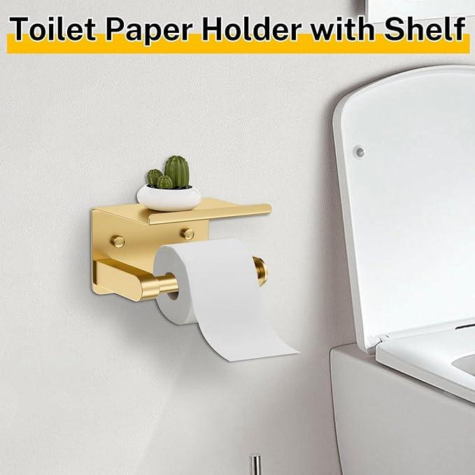 Brushed Gold Bathroom Hardware Set 5 Pieces Towel Bar Set Round Towel Holder Set for Bathroom,Upgraded Toilet Paper Holder with Shelf,Stainless Steel Wall Mounted 23.6 Inch - ModernBath
