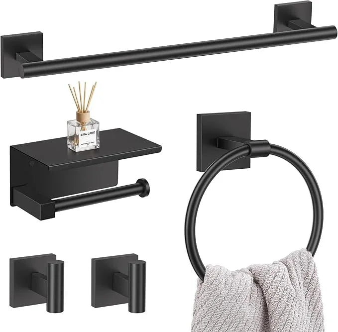 5-Piece Black Bathroom Hardware Set, SUS304 Stainless Steel Bathroom Accessories Set 23.6 inches Towel Bar, Toilet Paper Holder with Shelf, Towel Ring and Two Towel Hooks Wall-Mounted - ModernBath