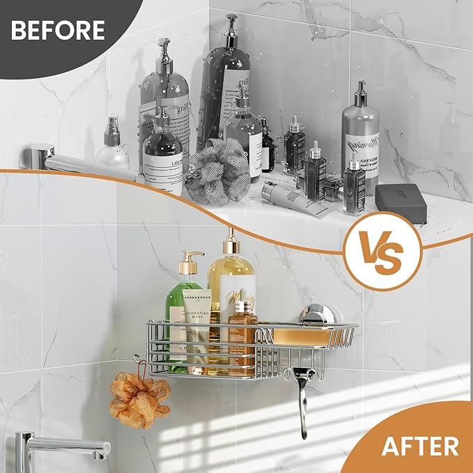 LEVERLOC Shower Caddy Suction Cup, Organizer with Hooks & Soap holder for Inside Shower, Removable Bathroom Shelf - ModernBath