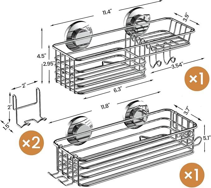 LEVERLOC Shower Caddy Suction Cup, 2 Pack Heavy Duty Bathroom Organizer for Inside Shower with Hooks & Soap holder, Removable and Rustproof Silver bathroom Holder Storage - ModernBath