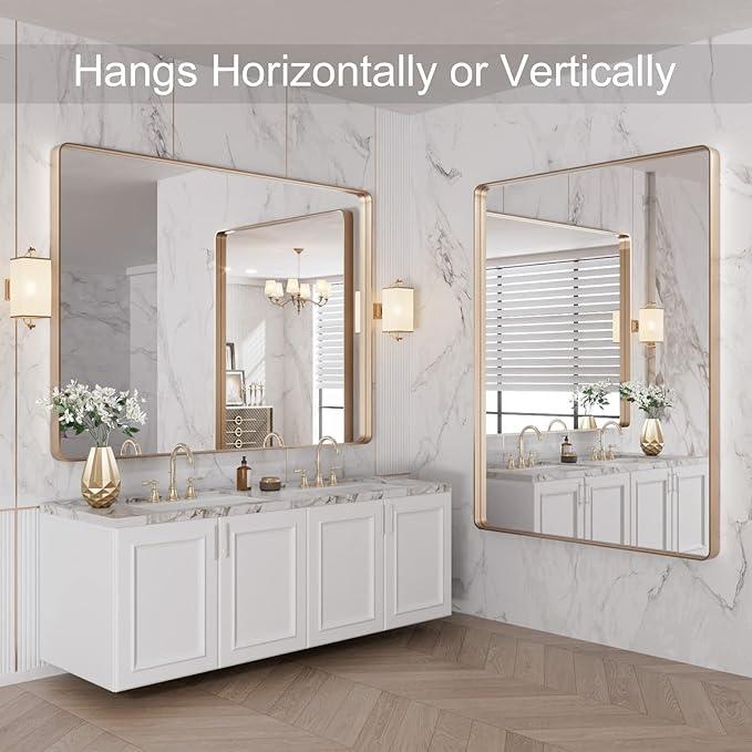 LOAAO 48”X36” Gold Bathroom Mirror, Rounded Rectangle Gold Frame Mirror, Brushed Gold Bathroom Vanity Mirror Wall-Mounted, Anti-Rust, Tempered Glass, Hangs Horizontally or Vertically - ModernBath