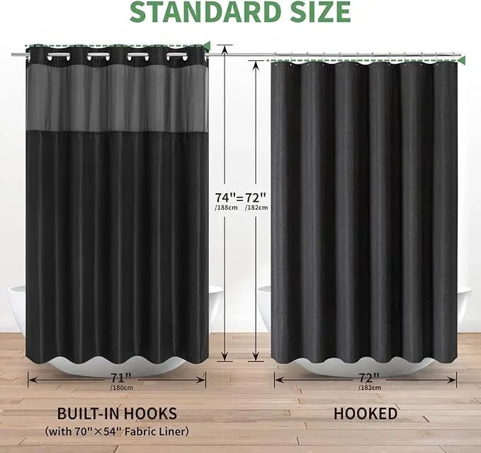 eachope Black No Hook Shower Curtain with Snap-in Fabric Liner Set,Waffle Weave Shower Curtains for Bathroom,Hotel Luxury Decor Bathroom Curtain Set,Waterproof & Washable,71Wx74H - ModernBath
