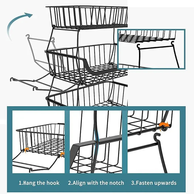 Metal Wire Baskets with Wheels, Stackable Storage Bins Kitchen Organizer Shelf 3-4-5-6 Tier Fruit Vegetable Cart Dishes Seasonal Rack Shelves for Garage, Pantry, Bathroom and Produce holder - ModernBath