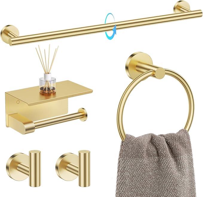 TQKAG 5 Piece Bathroom Towel Bar Holder Sets Brushed Gold Bathroom Hardware Set Stainless Steel Toilet Paper Holder with Shelf Bathroom Accessories Kit Wall Mounted - ModernBath