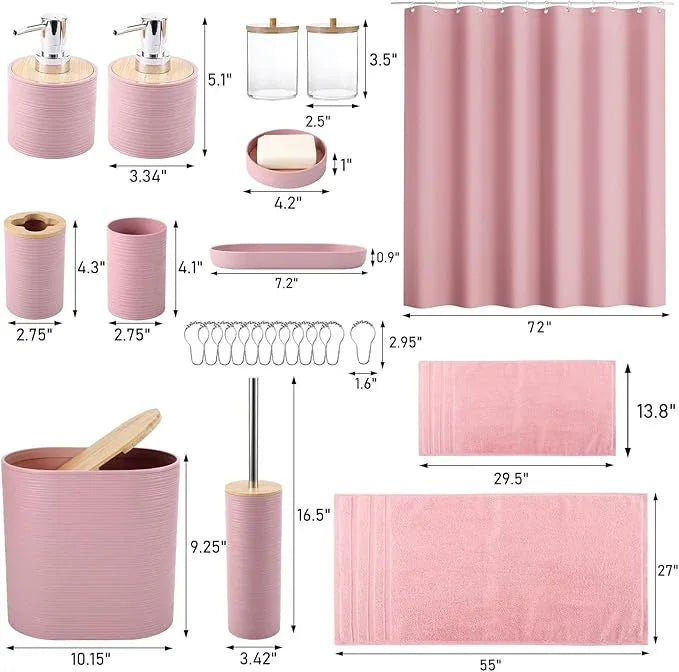 XLHOMO Pink Bathroom Accessories Set, Bathroom Sets with Shower Curtain, Bath Towel Set, Pink Shower Curtain Set with Bathroom Trash Can, Soap Dispenser, Soap Dish for Home Decor - ModernBath