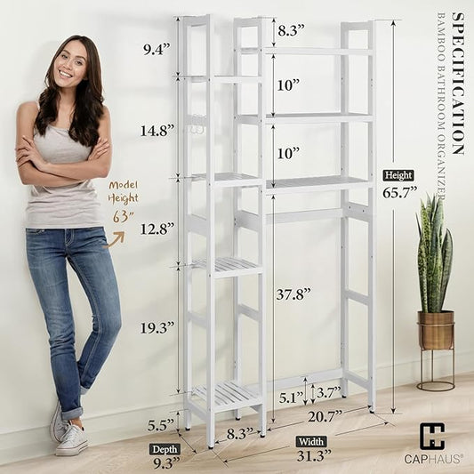 CAPHAUS Over The Toilet Storage Shelf, 7-Tier Bamboo Bathroom Organizer Shelf Rack Over Toilet with Adjustable Feet & Hooks, Freestanding Toilet Shelf for Bathroom Laundry Balcony Plant Stand, White