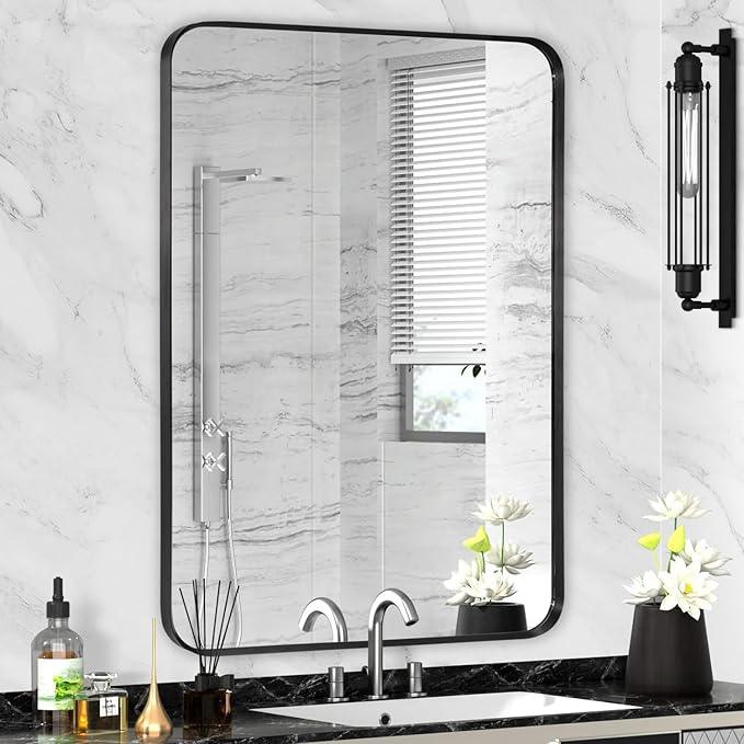 Minuover Black Framed Bathroom Mirror for Wall, Matte Black Rounded Corner Rectangle Vanity Mirror, Brushed Frame, Tempered Glass, Anti-Rust, Hangs Horizontally or Vertically (24" x 32", Black) - ModernBath