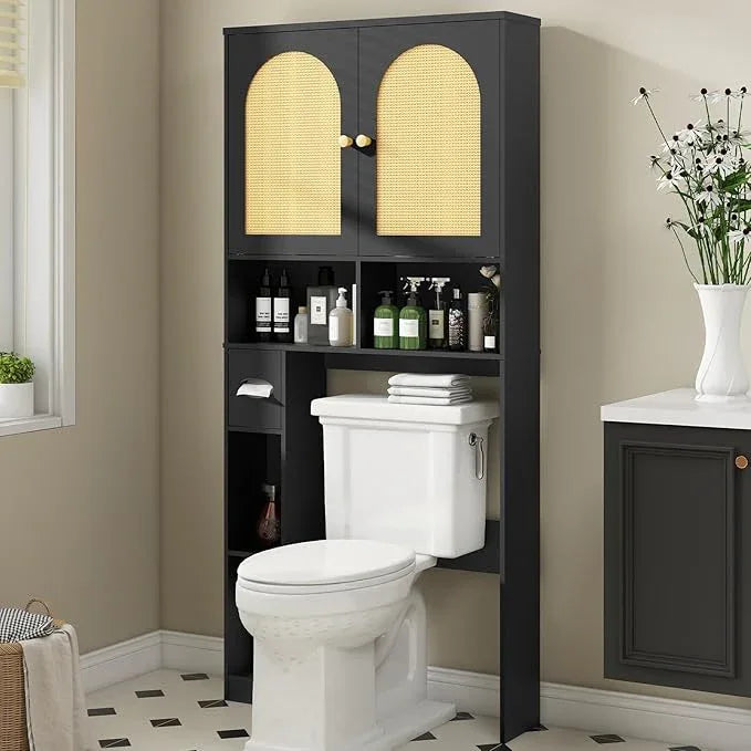 Halitaa Over The Toilet Storage Cabinet, Wood Over Toilet Bathroom Organizer Cabinet with 2 Doors, Freestanding Home Space Save Toilet Rack for Restroom, Bathroom, Laundry, Black - ModernBath