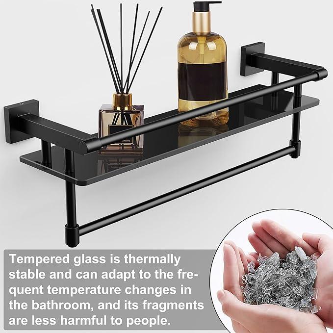 Glass Shelf for Bathroom 20 Inch Bathroom Shelves with Towel Bar Tempered Glass Shelves with Stainless Steel Towel Holder for Wall (All Matte Black) - ModernBath