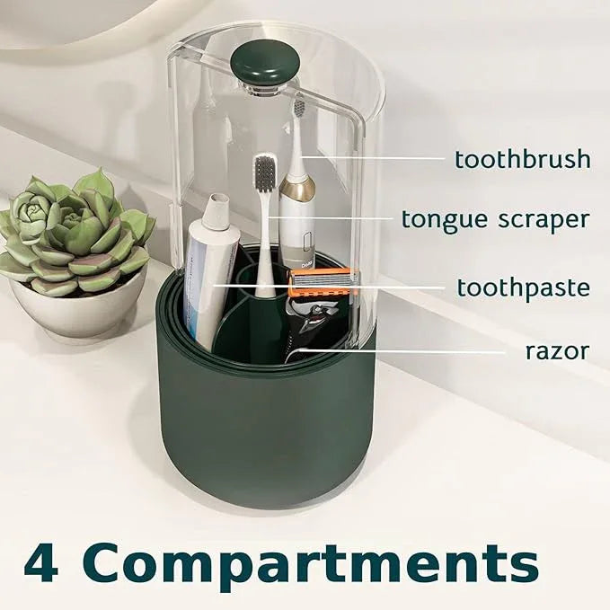 YOOLENS Toothbrush Holder with Cover 360 Rotating 4 Compartments Bathroom Toothpaste Electric Toothbrush Organizer, Dark Green - ModernBath