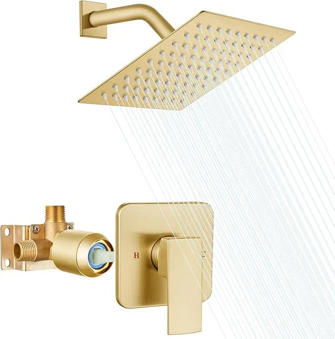 Heyalan 8 Inch Shower Head and Handle Set Square Shower Faucet Set Bathroom Rainfall Shower Faucet Set Stainless Steel Showerhead Single Function Shower Trim Kit,Male Thread Valve,Brushed Gold - ModernBath
