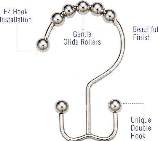 2LB Depot Double Shower Curtain Hooks Rings Polished Nickel Decor Finish Premium Rust-Resistant Stainless Steel Metal Hooks Roller Balls Glide on Shower Rods 12-Piece Set