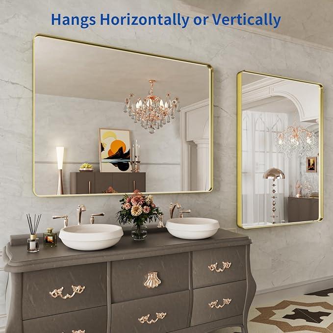 WEER Gold Bathroom Mirror, 48X36 Inch Brushed Gold Metal Frame Mirror, Rounded Rectangle Gold Bathroom Vanity Mirror for Wall, Tempered Glass, Anti-Rust, Hangs Horizontally or Vertically - ModernBath
