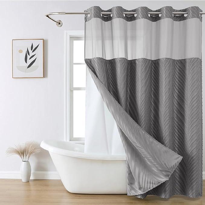 eachope no Hook Shower Curtain and Liner Set，Boho Style with See Through Top Window, Grey Fabric Tufted Striped Textured Outer Curtain & Waterproof Inner Liner, Grey/Gray, 71Wx86H - ModernBath