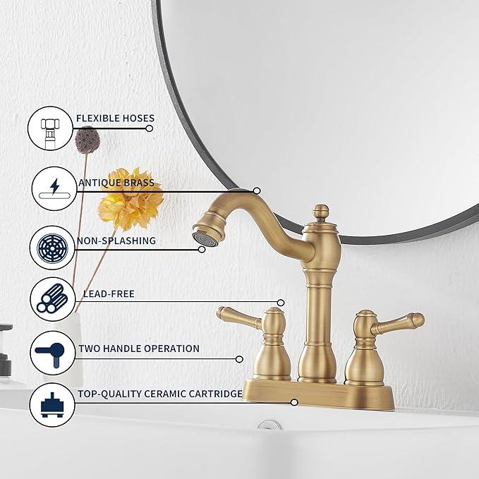 GGStudy Antique Brass Bathroom Faucet 2 Handles 4 Inches Centerset RV Bathroom Vanity Faucet with Drain Assembly and Supply Hose Lavatory Faucet - ModernBath