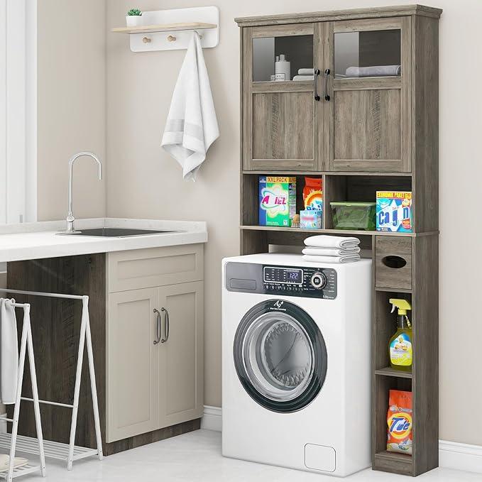 Vabches Over-The-Toilet Storage Cabinet with Double Doors, Toilet Paper Holder Stand & Adjustable Shelf, Freestanding Space Saver, Grey - ModernBath