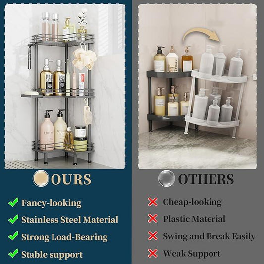 Consumest Corner Shower Caddy Standing - 3-Tier Stainless Steel Shower Organizer with Soap Holder and 4 Hooks, Large Capacity Corner Shelf Stand for Bathroom, Rest Room, Grey - ModernBath