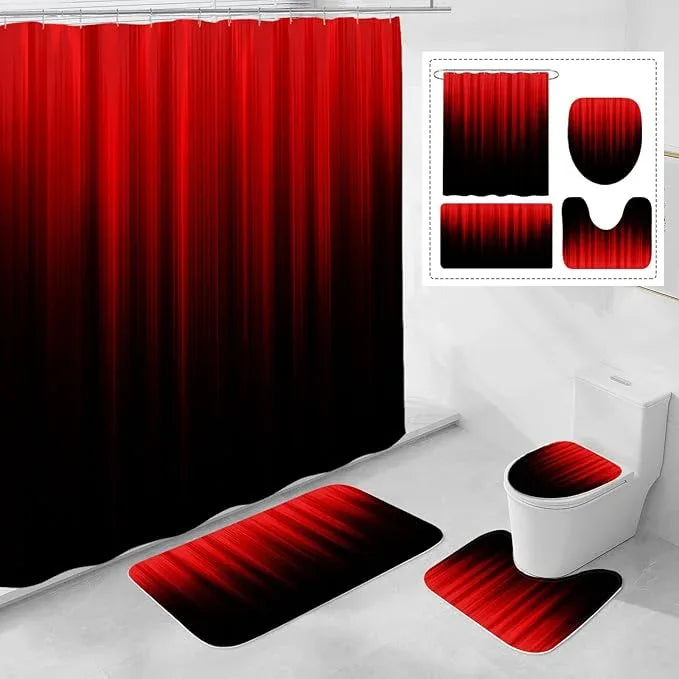 Litabel 4 Pcs Red and Black Gradient Shower Curtain Set with Rugs and Toilet Lid Cover, Modern Simple Waterproof Fabric Bathroom Set, Ombre Stripe Gothic Abstract Bathroom Decor Set Accessories - ModernBath