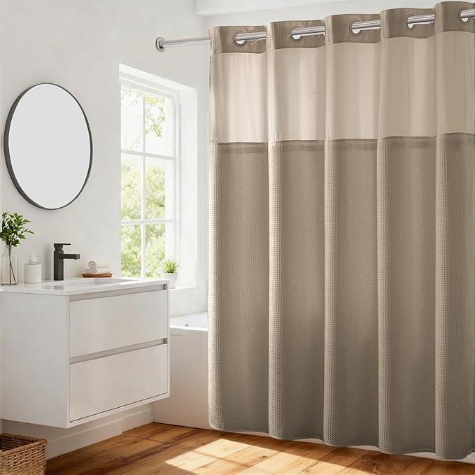 River Dream Heavyweight No Hooks Required Dotted Waffle Weave Shower Curtain with Snap in Liner - 71W x 74H,Hotel Grade,Spa Like Bath Curtain,Linen - ModernBath