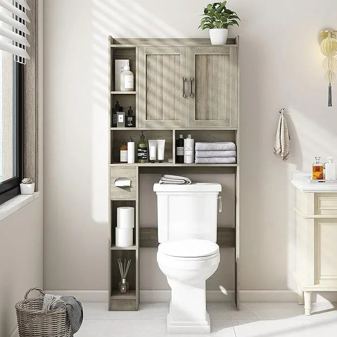 Farmhouse Storage Cabinet Over Toilet with 2 Barn Doors & Toilet Paper Holder Stand, Space-Saving Bathroom Rack - ModernBath